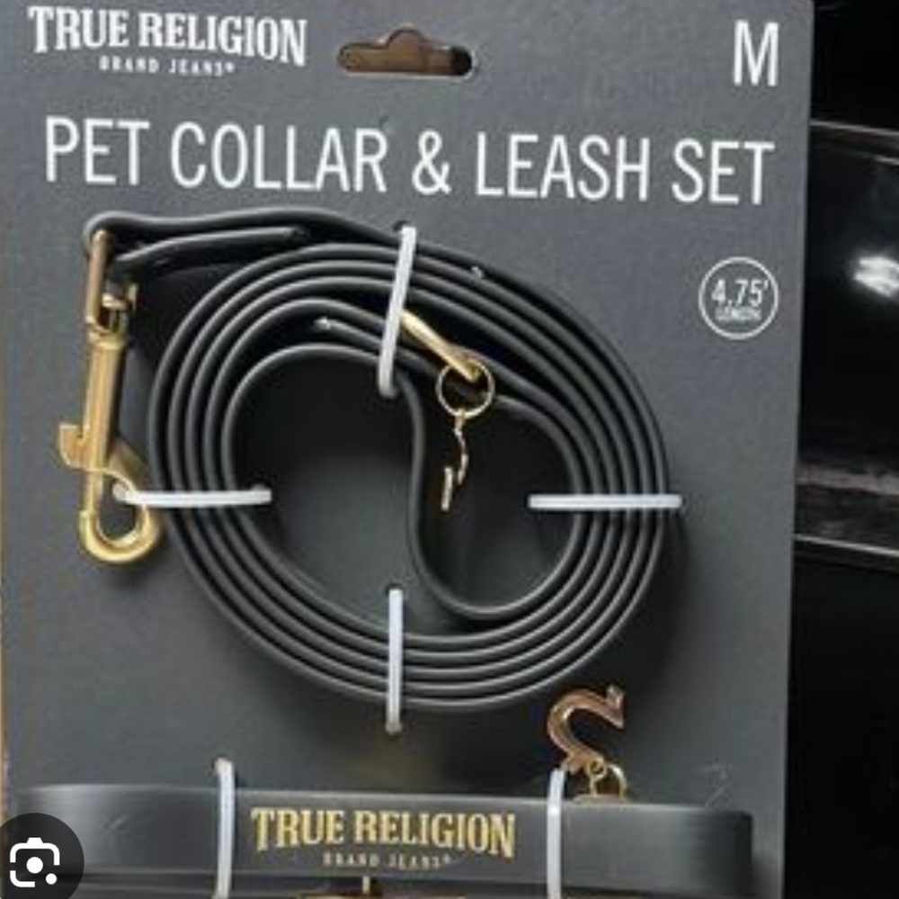 True Religion Pet Collar & Leash Set in Black with Gold Hardware - M